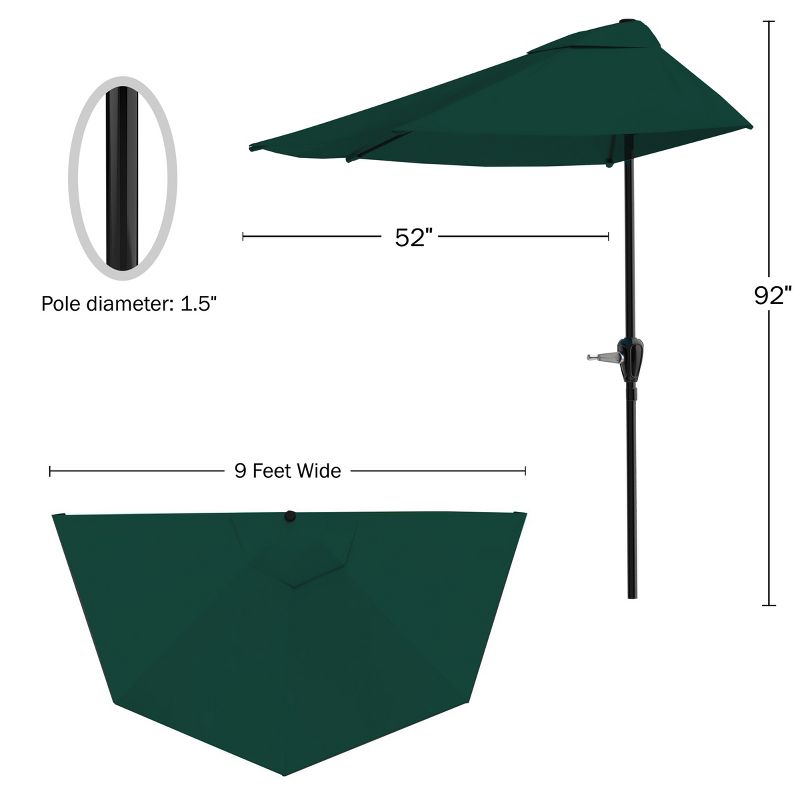 Half Round Patio Umbrella with Easy Crank – Compact 9ft Semicircle Outdoor Shade Canopy for Balcony, Porch, or Deck by Nature Spring (Hunter Green), 4 of 7