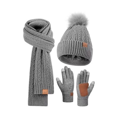 Fisfet Winter Beanie Hat Scarf Gloves Set for Women, Pom Pom Beanie Fleece Lined Knit Neck Warmer Touchscreen Gloves 3 in 1 Gift Set