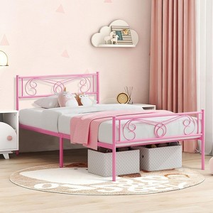 Pink Twin Metal Bed Frame with Headboard, Footboard, 12.2-Inch Storage, Steel Slats, No Box Spring - 1 of 4