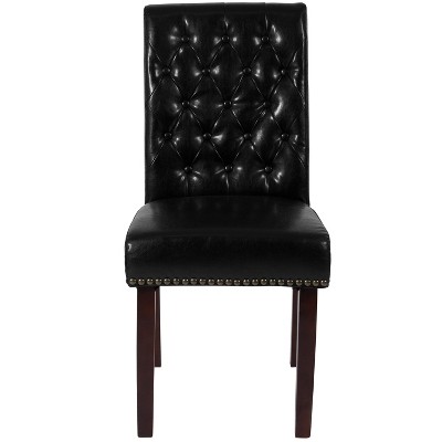 Black Leather Upholstered Parsons Side Chair with Wood Legs