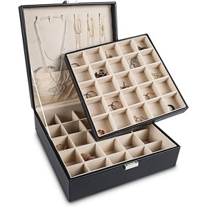 2-Layer Earring Holder with 50 Slots, PU Leather Jewelry Organizer & Storage Box for Earrings and Necklaces, Black - 1 of 4