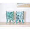 HomeRoots Set of Two Aqua Teal And White Ceramic 2 Ounce Chevron Round Distressed Pot Planters - 2 of 4