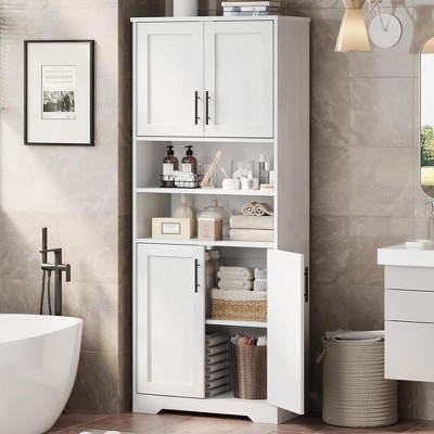 TROPOW 67" Tall Storage Cabinet, Tall Bathroom Cabinet with 4 Doors and Adjustable Shelves, Cupboard for Dining Room, Antique White