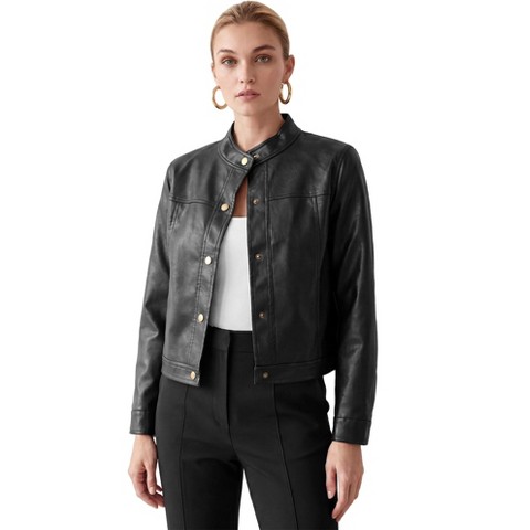 Женские куртки INSPIRE CHIC Women's Collarless Vintage Cropped Long Sleeve Snap Button Casual Faux PU Moto Outerwear Jackets M Black