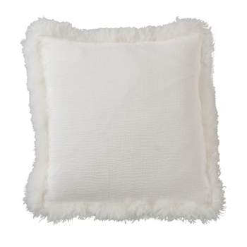Saro Lifestyle Luxurious Linen Poly Filled Throw Pillow with Plush Lamb Fur Border, Off-White