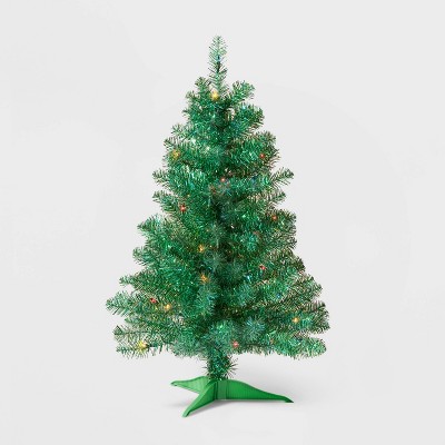 3ft Pre-lit Shiny Green Tinsel Iridescent Alberta Spruce Multicolor Lights - Wondershop™