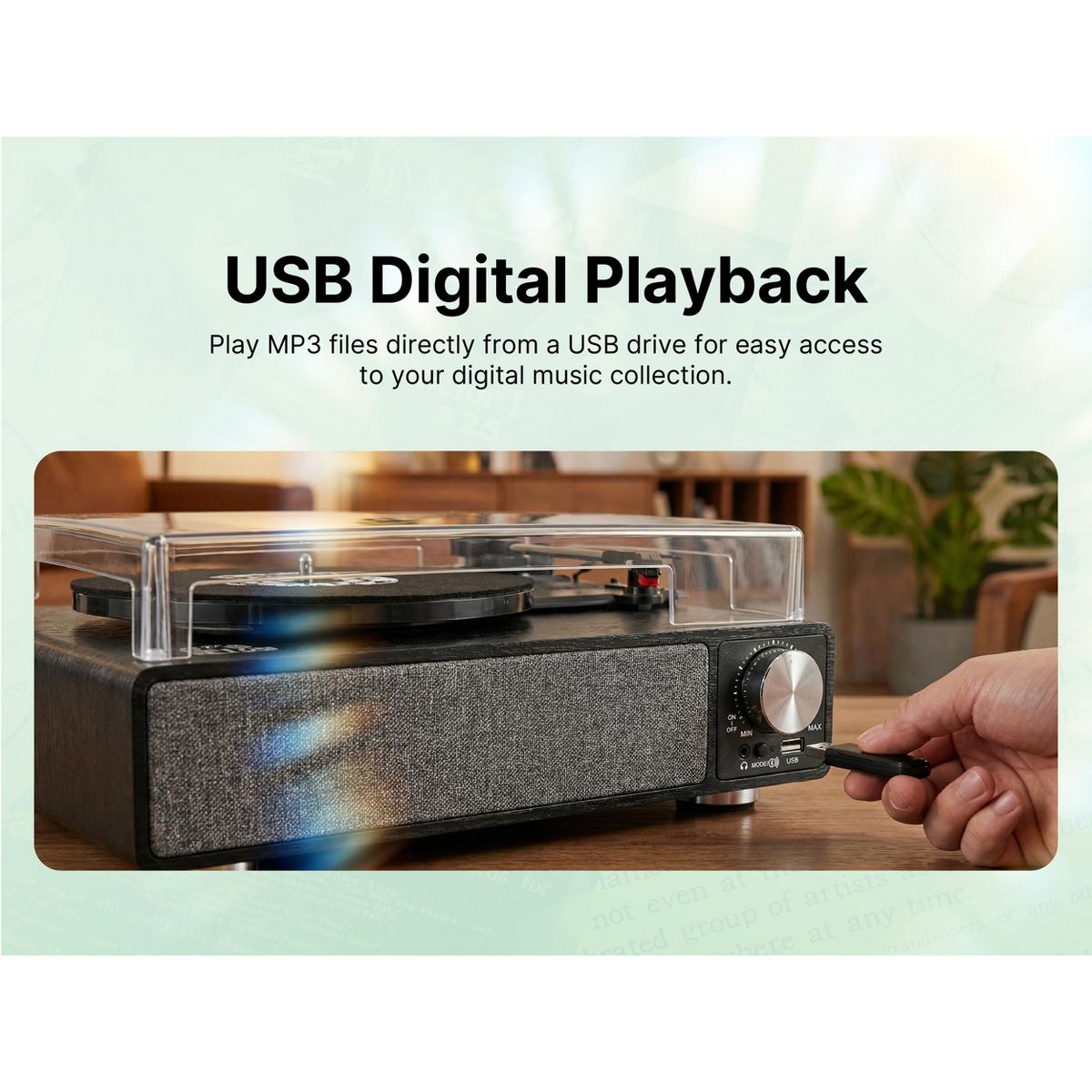 Victor VHRP-1405 Amherst All-in-One 3-Speed Turntable with AudioStream, Bluetooth In/Out, Built-in Stereo Speakers, USB MP3 Playback, RCA Outputs - thumbnail 10