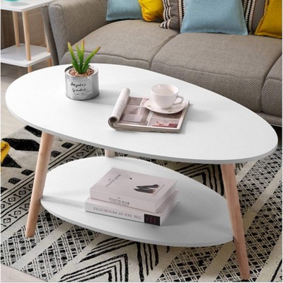 Oval Wood Coffee Table with Open Shelving, 2 Tier Sofa Table, White