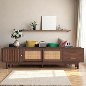 Modern TV Stand for TVs Up to 80", Entertainment Center with Rattan Sliding Doors, 2 Drawers, Solid Wood Legs, Storage Media Console -Dark Brown - 1 of 4