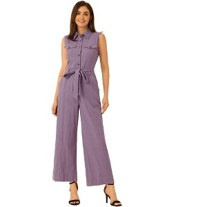 Allegra K Women's Button Down Collared Wide Leg Tie-Waist Sleeveless Cargo Jumpsuits - 1 of 4