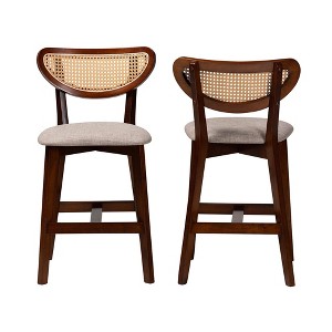 Baxton Studio 2pc Dannell Fabric and Wood Counter Height Barstools: Mid-Century Rattan Backrest - 1 of 4