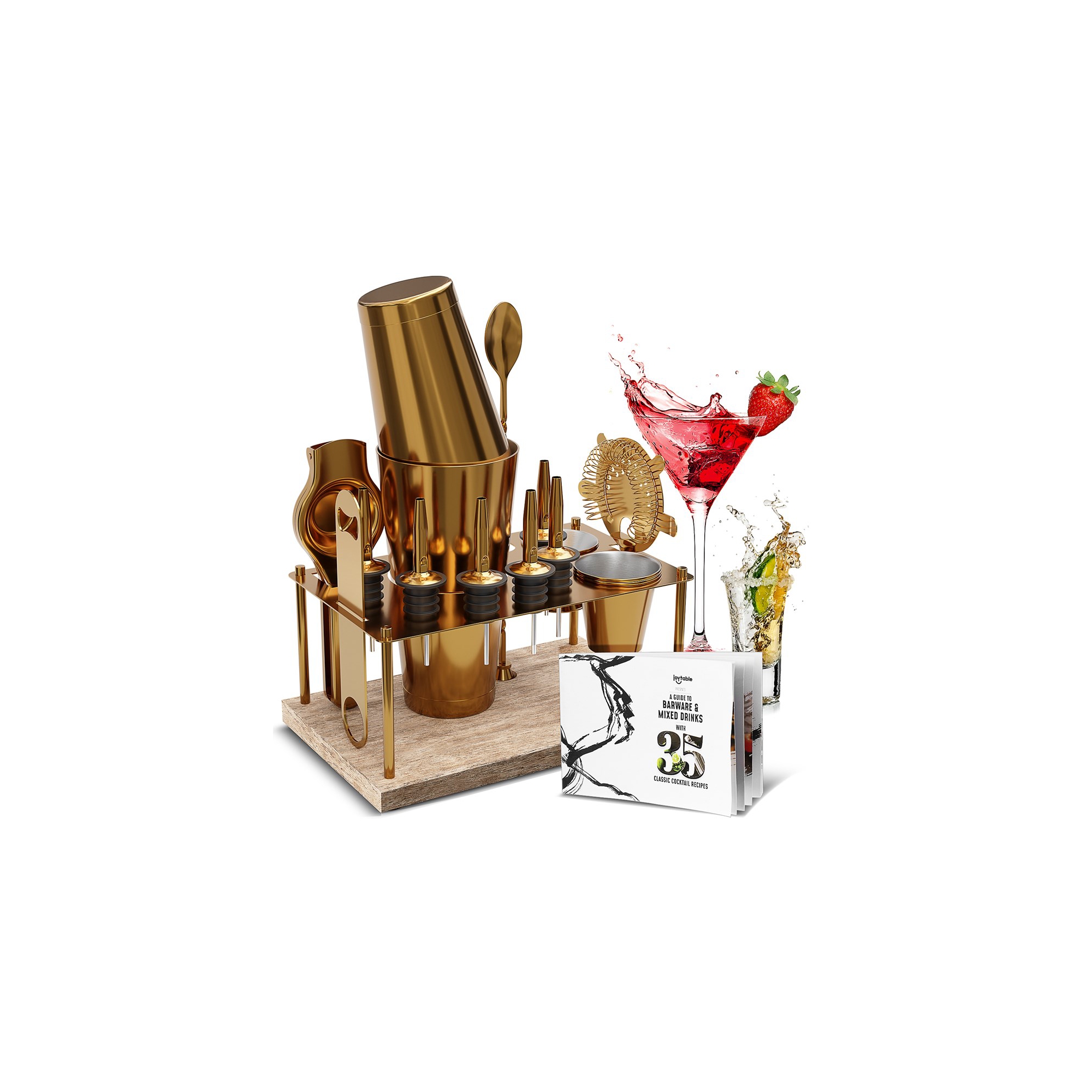 JoyTable Bar Set Cocktail Shaker Set, 17PC Stainless Steel Bartender Kit, Gold Cocktail Set with Bar Tools & Wood Stand