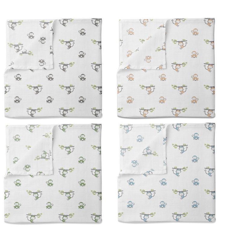 Bacati - Happy Monkeys Blue/Green/Gray Boys Muslin Swaddling Blankets set of 4, 2 of 6