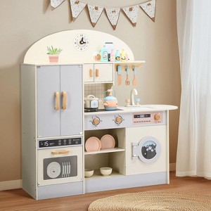 Karl Home Wooden Play Kitchen With Toy Double-Door Refrigerator and Cooking Set Accessories - 1 of 4
