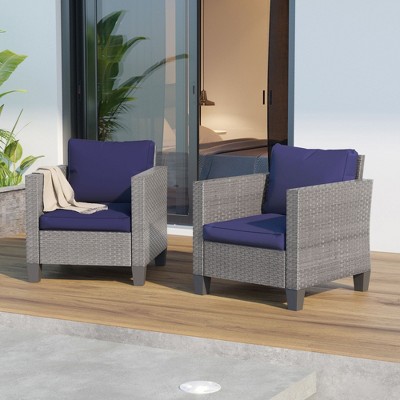 Sonkuki Outdoor 2 PCS Patio Rattan Furniture Set 2 Rattan Chair W/Soft Cushions
