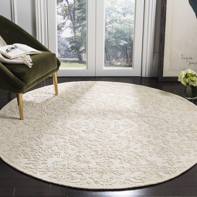 Ivory Floral Handmade Wool Round Area Rug, 6' Diameter