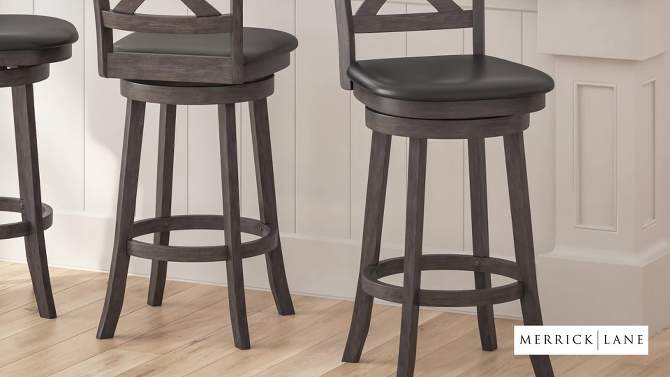 Merrick Lane 30" Classic Wooden Crossback Swivel Bar Height Pub Stool with Upholstered Padded Seat and Integrated Footrest, 2 of 13, play video