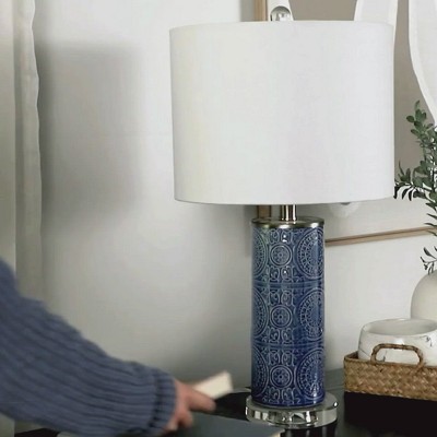 Bijou Blue Ceramic Table Lamp with White Shade and Crystal Base
