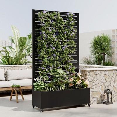 Vynxaria Metal Planter Box with Trellis Raised Garden Bed with 4 wheelsTrellis & Privacy Screen for Climbing Plants, Vegetables, Vines