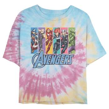 Juniors Womens Marvel Avengers Hero Rainbow PanelCrop T-Shirt
