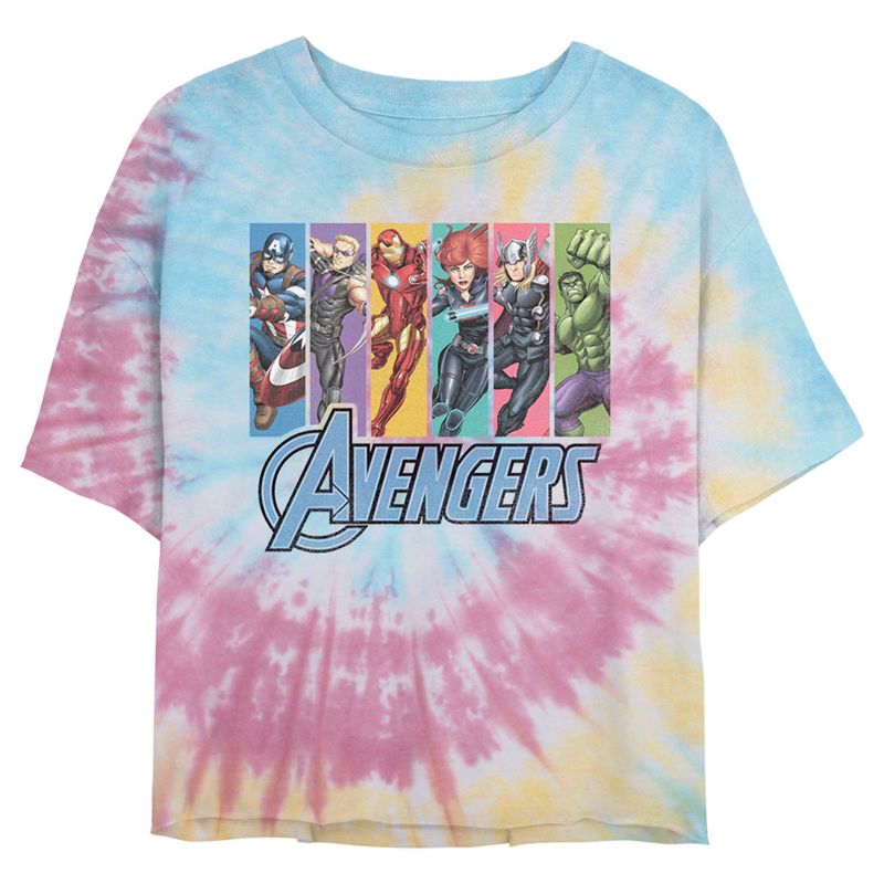 Juniors Womens Marvel Avengers Hero Rainbow PanelCrop T-Shirt, 1 of 5