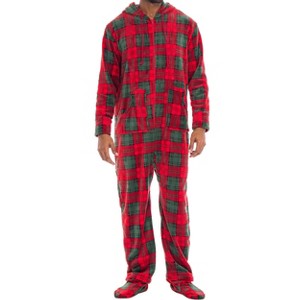 ADR Men's Plush Fleece One Piece Hooded Footed Zipper Pajamas Set, Soft Adult Jumpsuit PJs with Hood - 1 of 4