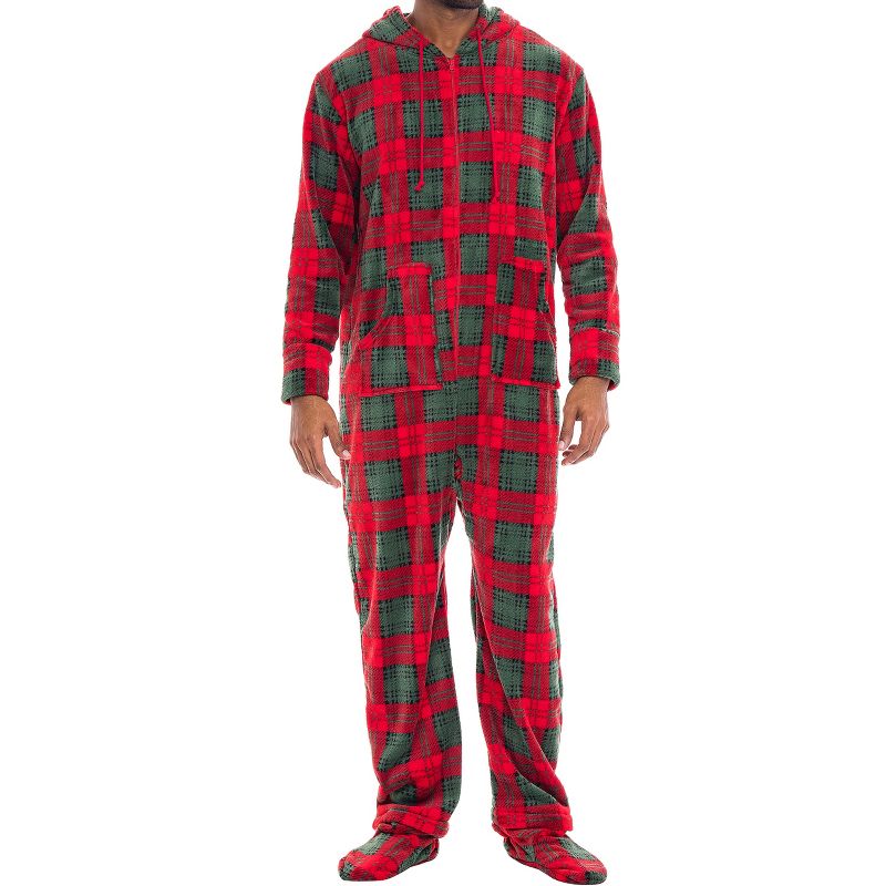 Men's Plush Fleece One Piece Hooded Footed Zipper Pajamas Set, Soft Adult Onesie Footie with Hood, 1 of 9