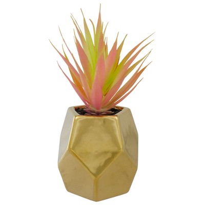 Northlight 8" Green Artificial Sword Grass in a Gold Geometric Pot