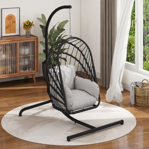 Wicker Swing Egg Chair 300lbs Capacity Chair Patio Rattan Chair for Backyard Indoor Outdoor Black - 1 of 4