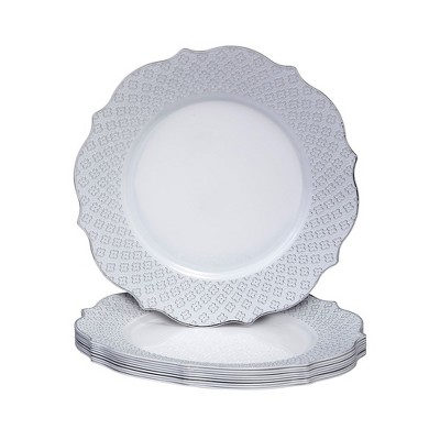 Silver Spoons Floral Embossed Plastic Plates for Party, Heavy Duty Disposable Dinner Set, White/Silver (10 PC), Harmony Collection