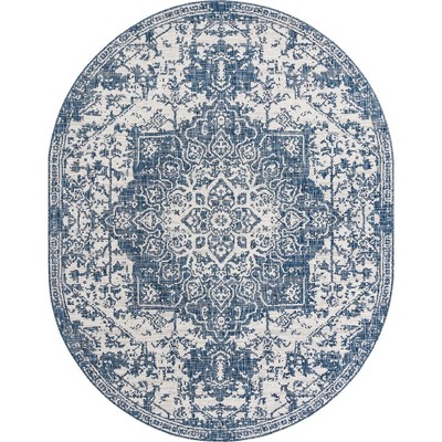 Blue and Ivory Oval Flat Woven Outdoor Rug 8' x 10'