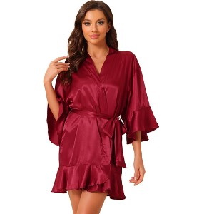 cheibear Women's Satin One Piece Pajama Silky 3/4 Sleeves Tie Waist Loungewear Robes - 1 of 4