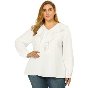 Agnes Orinda Women's Plus Size Long Sleeve Work Fashion Flowy Ruffle V Neck Office Chiffon Blouses - 1 of 4