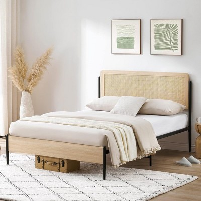 Bed Frame with Headboard - Rattan Platform Bed Frame with Rounded Corner Design & Under Bed Storage, No Box Spring Needed, White Oak