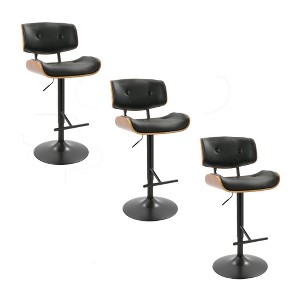Metal and Wood Faux Leather Adjustable Mid-Century Modern Barstool with 360-Degree Swivel and Straight T Footrest, Set of 3 for Kitchen - 1 of 4