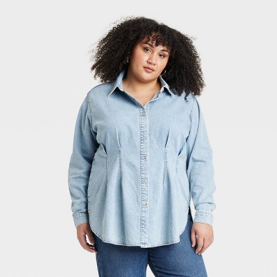 Women's Long Sleeve Denim Darted Waist Button-Down Shirt - Ava & Viv™ Light Wash 2X