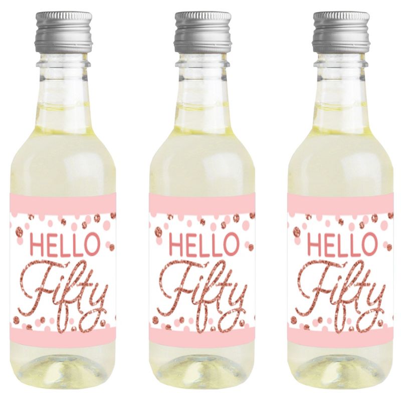 Big Dot of Happiness 50th Pink Rose Gold Birthday Mini Wine & Champagne Bottle Label Stickers Happy Birthday Party Favor Gift for Women and Men 16 Ct, 1 of 8