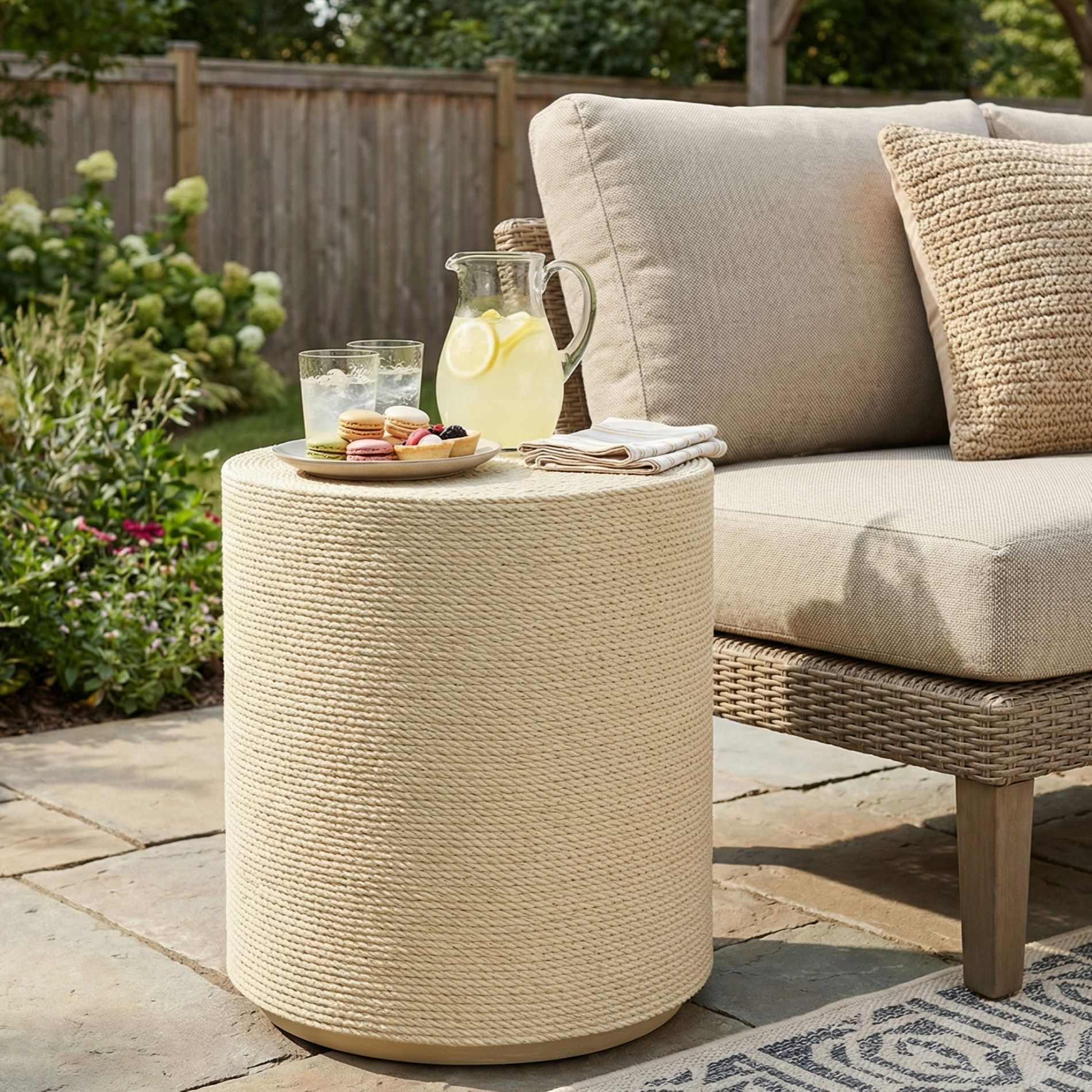 Round Patio End Table Indoor&Outdoor Side Table Garden Simulated Rattan Cylindrical Decorative Accent Table, Weather-Resistant, No Assembly-ModernLuxe