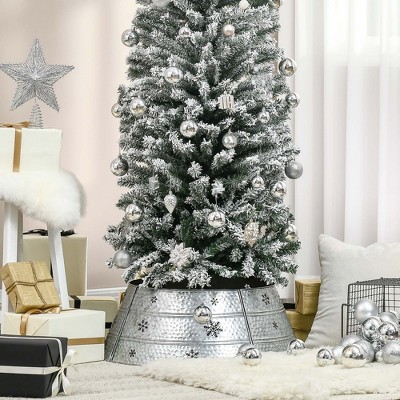 Silver Steel Christmas Tree Collar with Snowflake Print, 26" Base