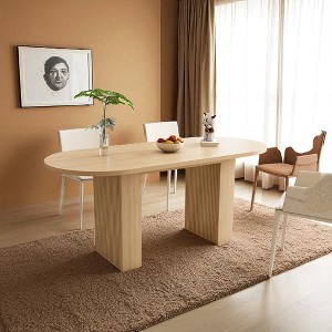 62.9" Oval Farmhouse Dining Table for 6 with Wood Strip Pedestal Base, Rustic Kitchen Table for Dining Room, MDF Surface, Easy Assembly - 1 of 4