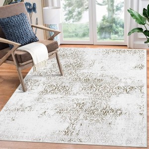 Boho Chenille Washable Area Rug with Distressed Damask Print, Non-Slip TPR Backing, Stain Resistant Carpet for Living Room, Bedroom, Entryway - 1 of 4