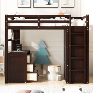 Okak Twin Size Wood Bunk Bed with Built-in Wardrobe, Storage Drawers, Loft Bunk Bed with Desk for Teens, Easy Assemble, Espresso - 1 of 4