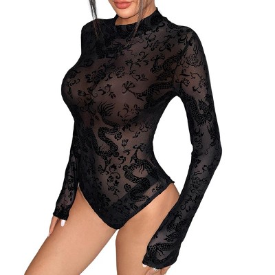 Women's Lace Bodysuit Flocked Printed Sheer Mesh Long Sleeves Crew Neck See Through Clubwear Jumpsuit for Women
