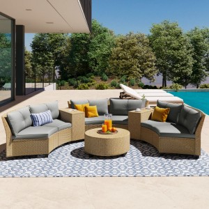 Six-Seater Fan-Shaped Rattan Patio Set with Cushions and Table, Ideal for Garden Use - 1 of 4