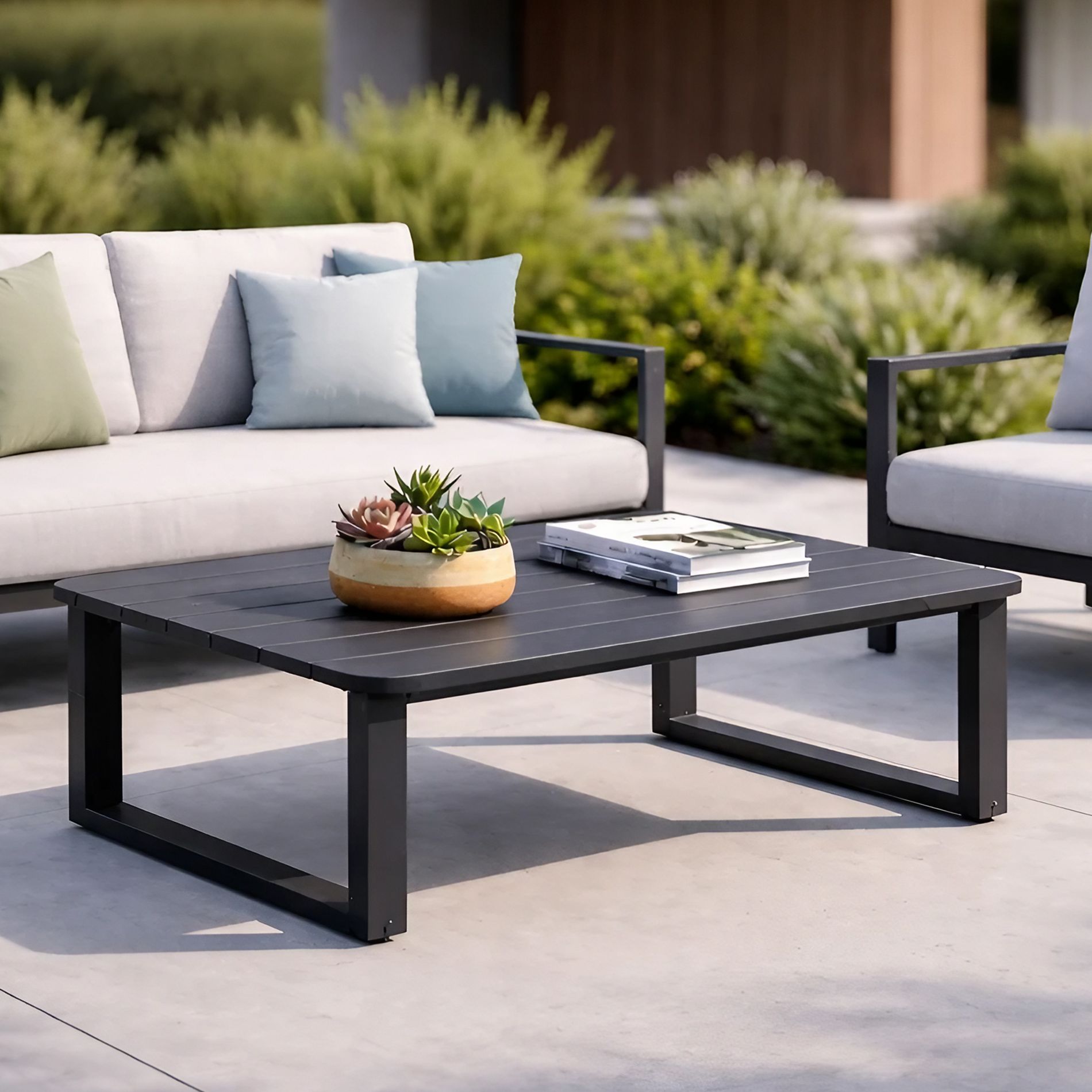 GDFStudio Halston 48" Outdoor Aluminum Rectangle Slatted Coffee Table, Gray