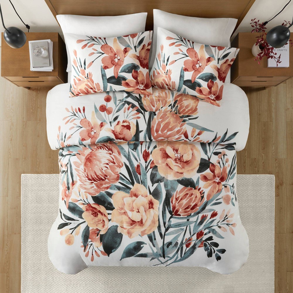 3pc King/California King Blossom Floral Cotton Duvet Cover Set Peach/Off-White - Madison Park: Lightweight, Mid-Century Modern Style