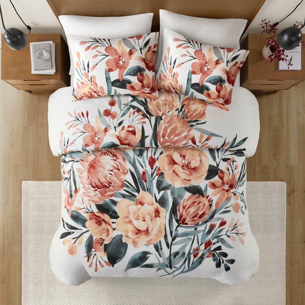 Photos - Bed Linen 3pc King/California King Blossom Floral Cotton Duvet Cover Set Peach/Off-W