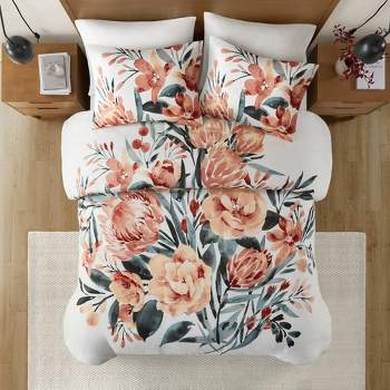 3pc Blossom Floral Cotton Duvet Cover Set Peach/Off-White - Madison Park