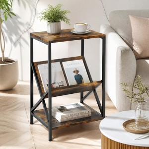 3-Tier Industrial Side Table with V-Shaped Bookshelf Storage, Rustic ...