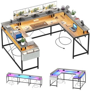 U Shaped Computer Gaming Desk with Power Outlets & LED Strip and Monitor Stand,79" Reversible L Shaped Desk with Storage Shelves for Home Office - 1 of 4